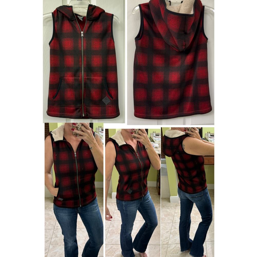 Eddie Bauer NWOT XS buffalo plaid red black vest sherpa tan hoodie women's - Picture 7 of 7